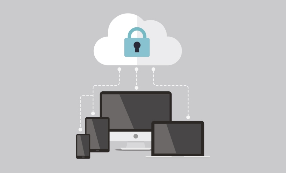 Cartoon of electronic devices linked to a cloud with a padlock