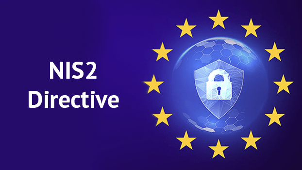 Cybersecurity lock sounded by the EU flag. The phrase NIS2 Directive is positioned to the left