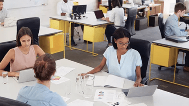 business office with people working a laptops