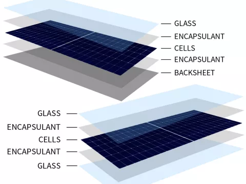 Layers of solar panels drawing for glass-glass and glass-foil modules