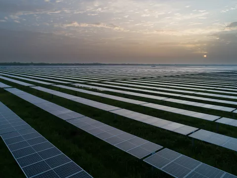 Overcast sky over a large solar power plant